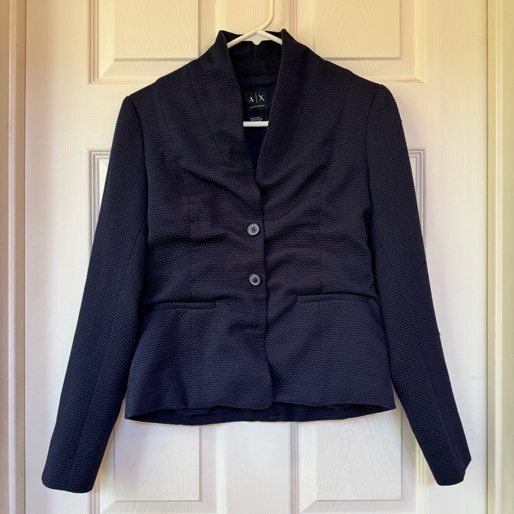 Armani Exchange Jacket Womens Size 4 Navy Textured Softshell Blazer Quiet Luxury